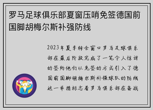 罗马足球俱乐部夏窗压哨免签德国前国脚胡梅尔斯补强防线 罗马足球俱乐部夏窗压哨免签德国前国脚胡梅尔斯补强防线