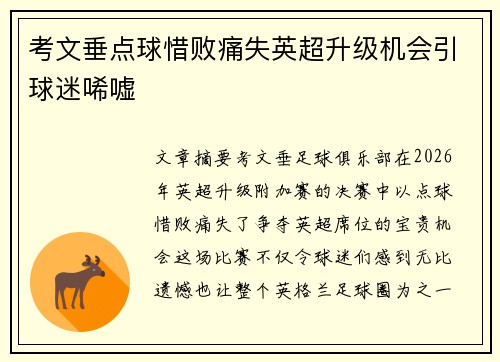 考文垂点球惜败痛失英超升级机会引球迷唏嘘